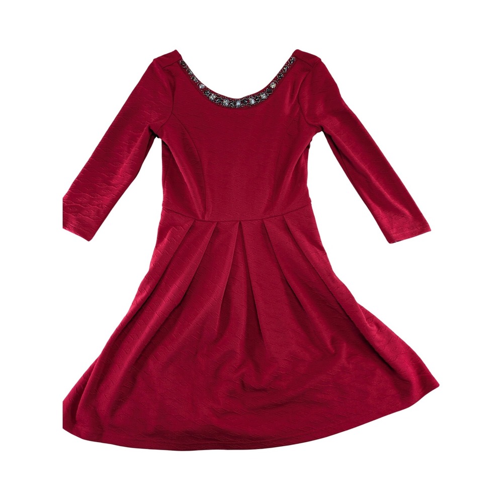 Red Textured Jacquard Embellished Neck Fit & Flare Dress Small 3/4 Sleeve